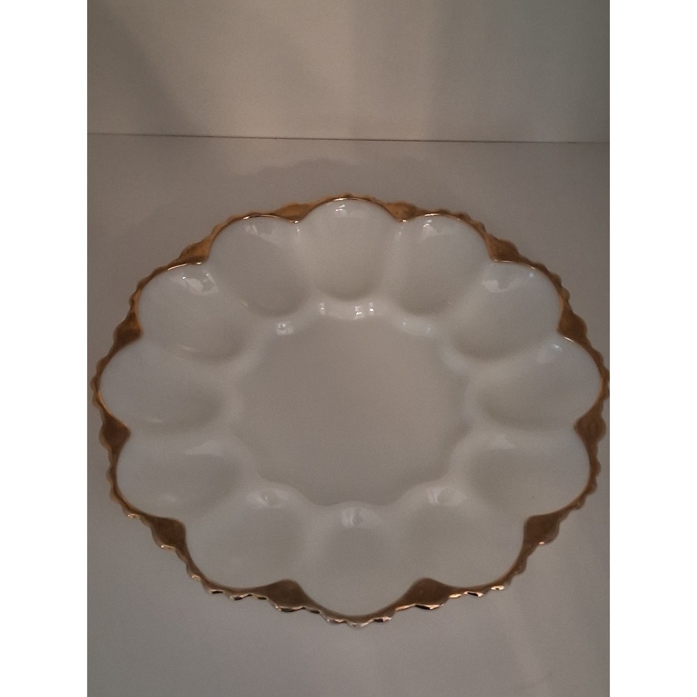 Vintage Milk Glass Deviled Egg Plate Gold Scalloped Rim 12 Slot Server 10 inch